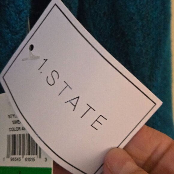 1. State NWT Variegated Cables Crew Sweater Teal Balloon Sleeve Size L - Picture 6 of 9